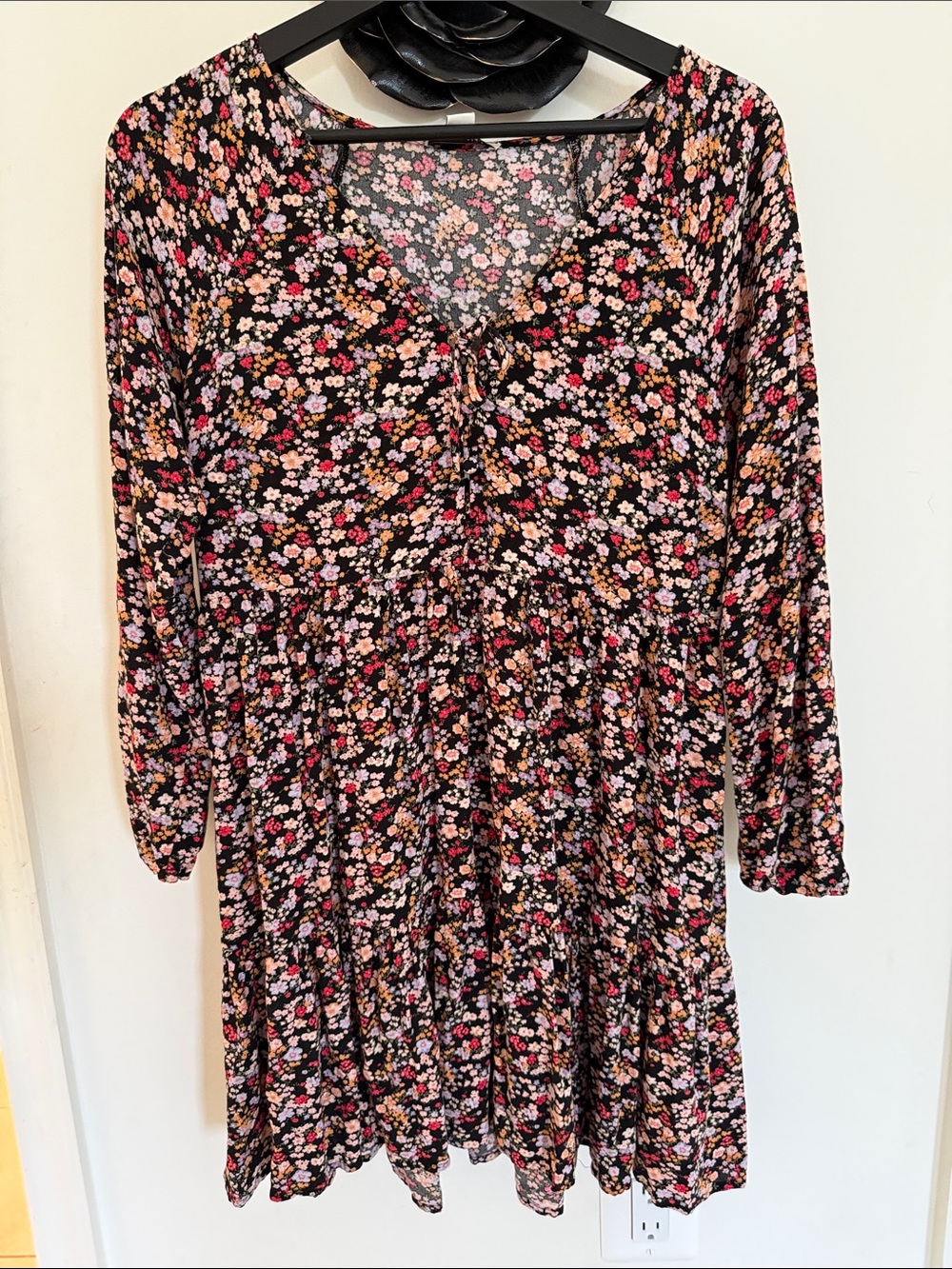 American Eagle Outfitters Black Floral Tie-Front Tiered Dress